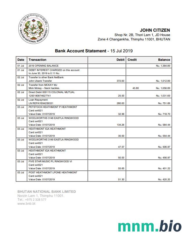 Wyciąg z Narodowego Banku Bhutanu łatwy do wypełnienia szablon w formacie Excel i PDF